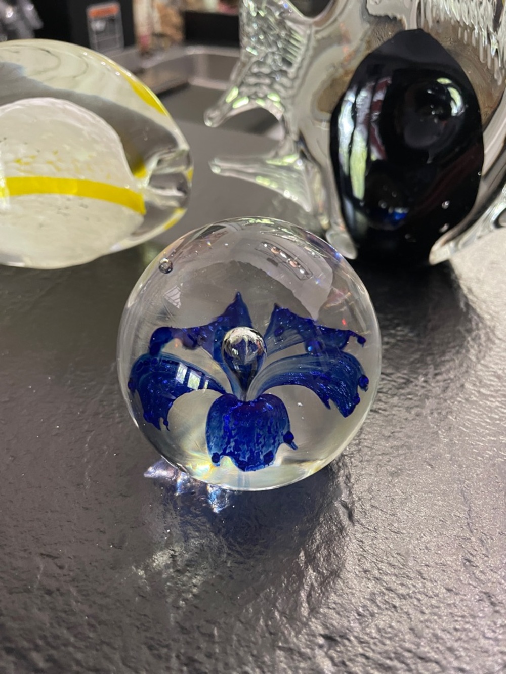 Handblown Glass Flower Paperweight - Blue Floral Design - Picture 2 of 3